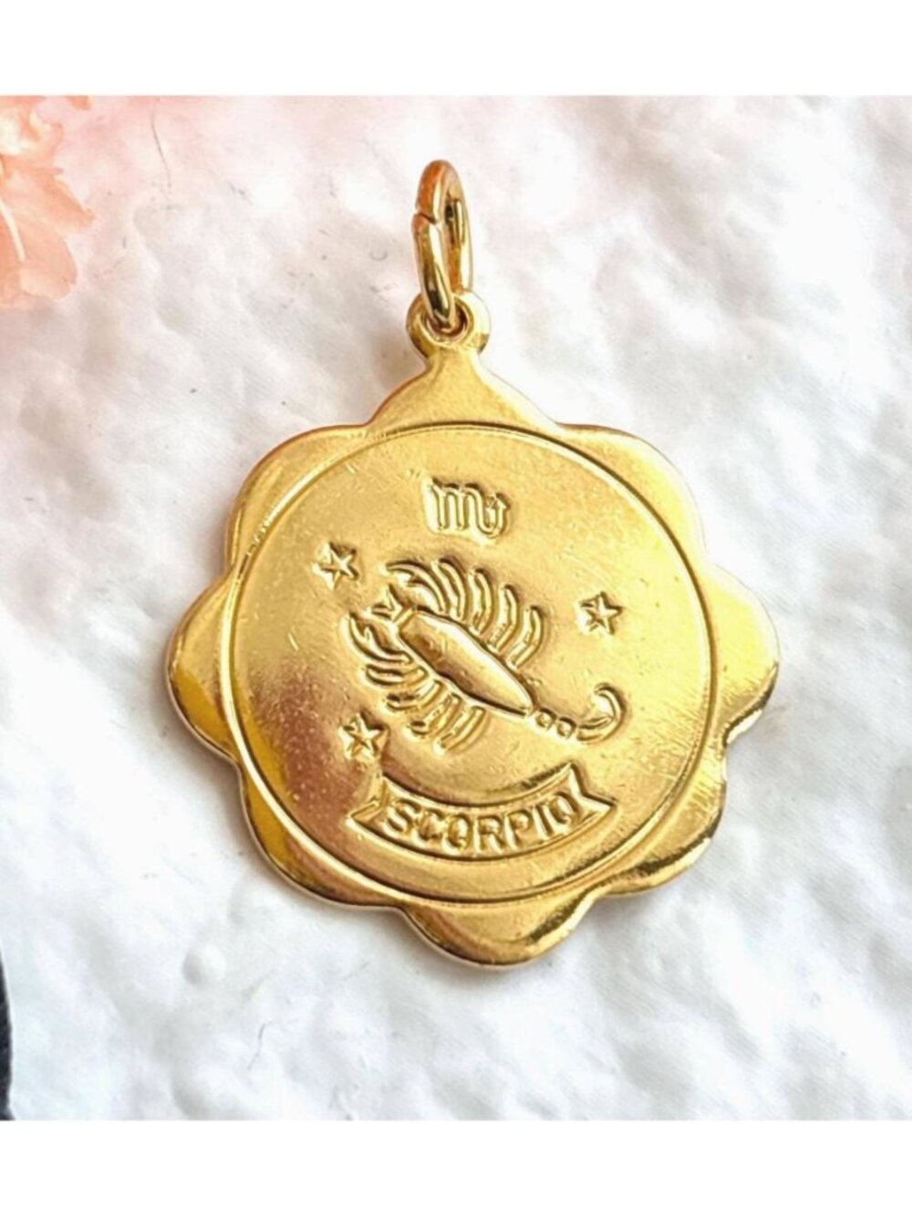 Scorpio Zodiac Scalloped Gold Toned Vintage Pendant Necklace w/ Black Rope - 26"